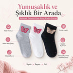 Kadın Kelebek Desenli Kısa Konç Çorap 12’li Paket, %80 Pamuklu Dikişsiz Burun, Nefes Alan Yumuşak Bilek Çorabı, Siyah Beyaz Gri