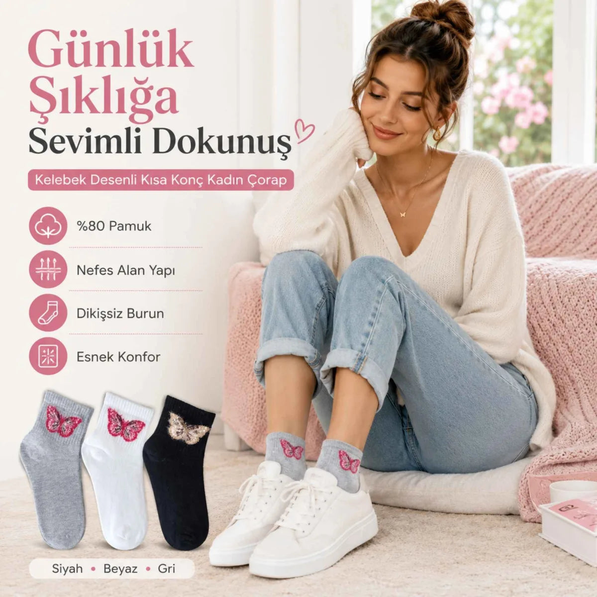 Kadın Kelebek Desenli Kısa Konç Çorap 3’lü Paket, %80 Pamuklu Dikişsiz Burun, Nefes Alan Yumuşak Bilek Çorabı, Siyah Beyaz Gri