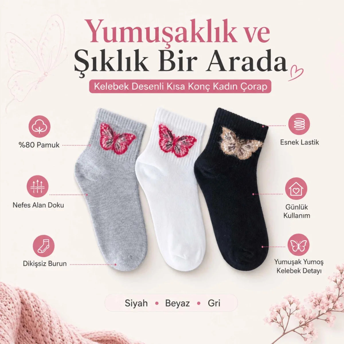 Kadın Kelebek Desenli Kısa Konç Çorap 6’lı Paket, %80 Pamuklu Dikişsiz Burun, Nefes Alan Yumuşak Bilek Çorabı, Siyah Beyaz Gri
