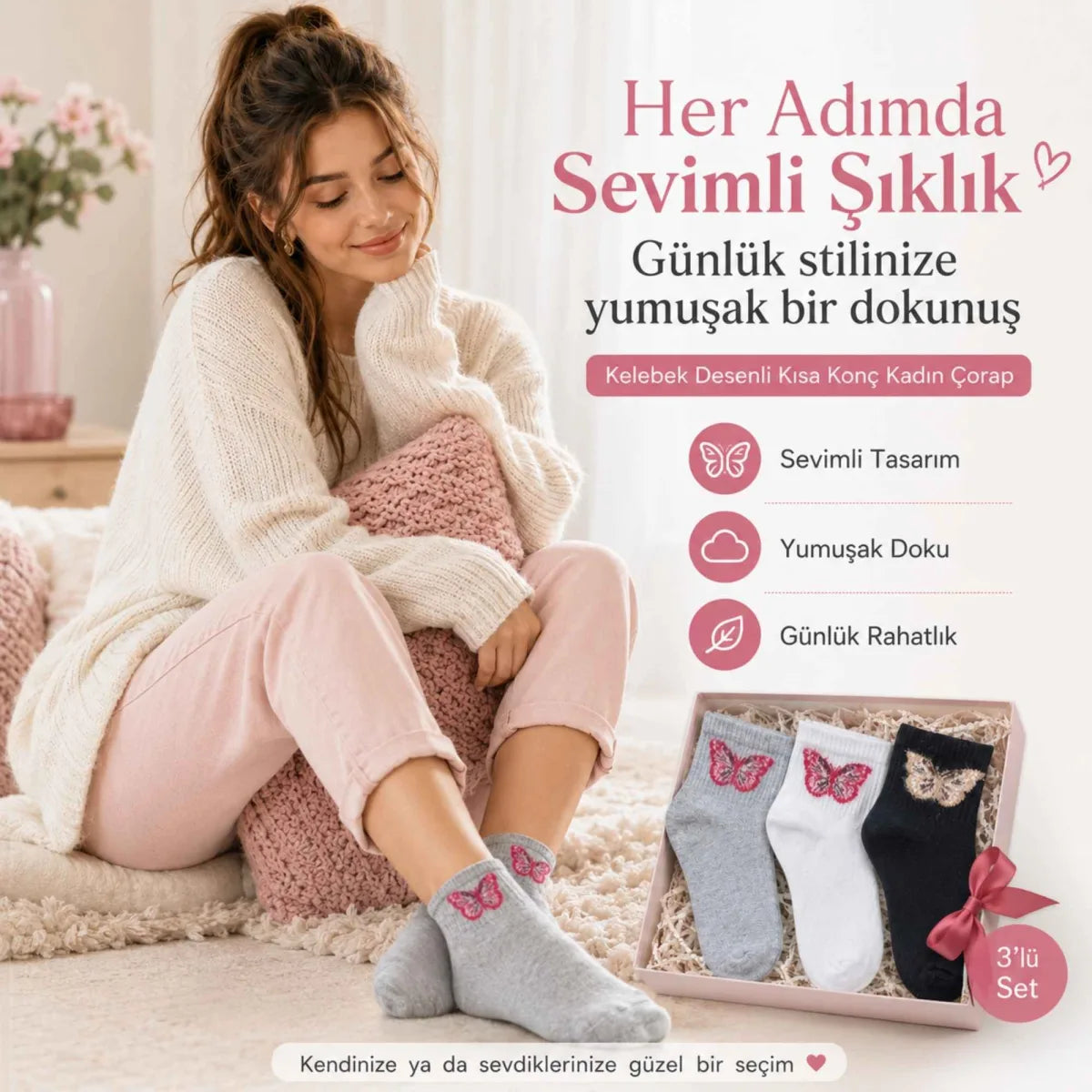 Kadın Kelebek Desenli Kısa Konç Çorap 6’lı Paket, %80 Pamuklu Dikişsiz Burun, Nefes Alan Yumuşak Bilek Çorabı, Siyah Beyaz Gri