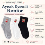 Kadın Ayıcık Desenli Kısa Konç Çorap 12’li Paket, %80 Pamuklu Dikişsiz Burun, Nefes Alan Yumuşak Bilek Çorabı, Siyah Beyaz Gri