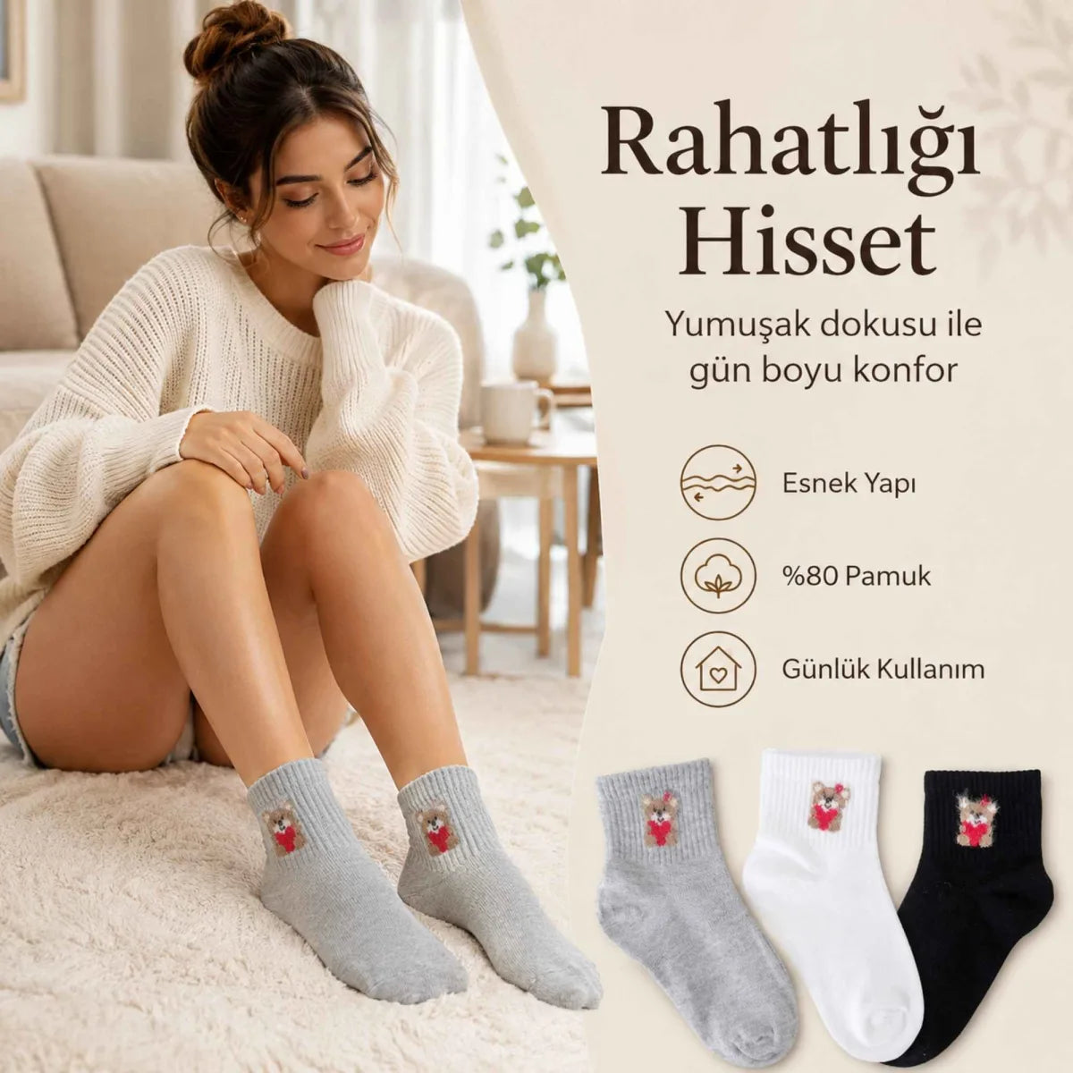 Kadın Ayıcık Desenli Kısa Konç Çorap 12’li Paket, %80 Pamuklu Dikişsiz Burun, Nefes Alan Yumuşak Bilek Çorabı, Siyah Beyaz Gri