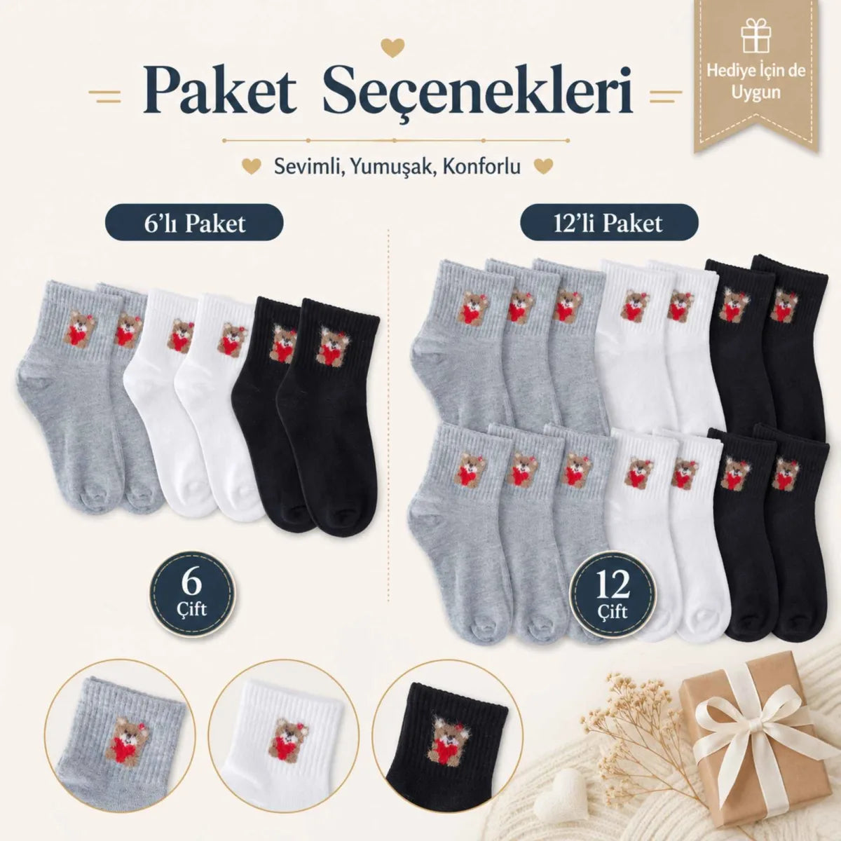 Kadın Ayıcık Desenli Kısa Konç Çorap 12’li Paket, %80 Pamuklu Dikişsiz Burun, Nefes Alan Yumuşak Bilek Çorabı, Siyah Beyaz Gri