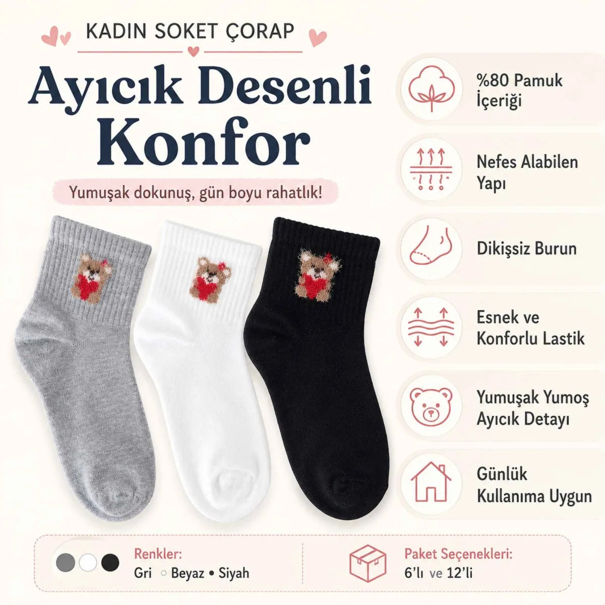 Kadın Ayıcık Desenli Kısa Konç Çorap 6’lı Paket, %80 Pamuklu Dikişsiz Burun, Nefes Alan Yumuşak Bilek Çorabı, Siyah Beyaz Gri