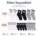 Kadın Panda Desenli Kısa Konç Çorap 12’li Paket, %80 Pamuklu Dikişsiz Burun, Nefes Alan Yumuşak Bilek Çorabı, Siyah Beyaz Gri