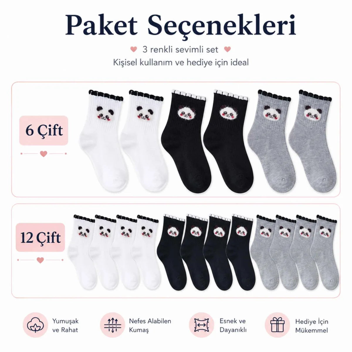 Kadın Panda Desenli Kısa Konç Çorap 12’li Paket, %80 Pamuklu Dikişsiz Burun, Nefes Alan Yumuşak Bilek Çorabı, Siyah Beyaz Gri