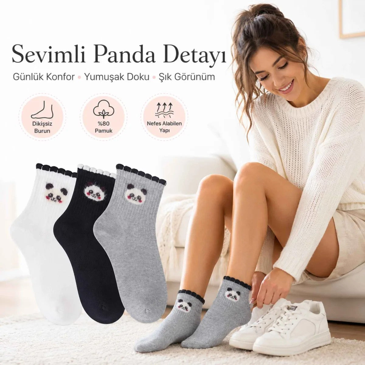 Kadın Panda Desenli Kısa Konç Çorap 12’li Paket, %80 Pamuklu Dikişsiz Burun, Nefes Alan Yumuşak Bilek Çorabı, Siyah Beyaz Gri