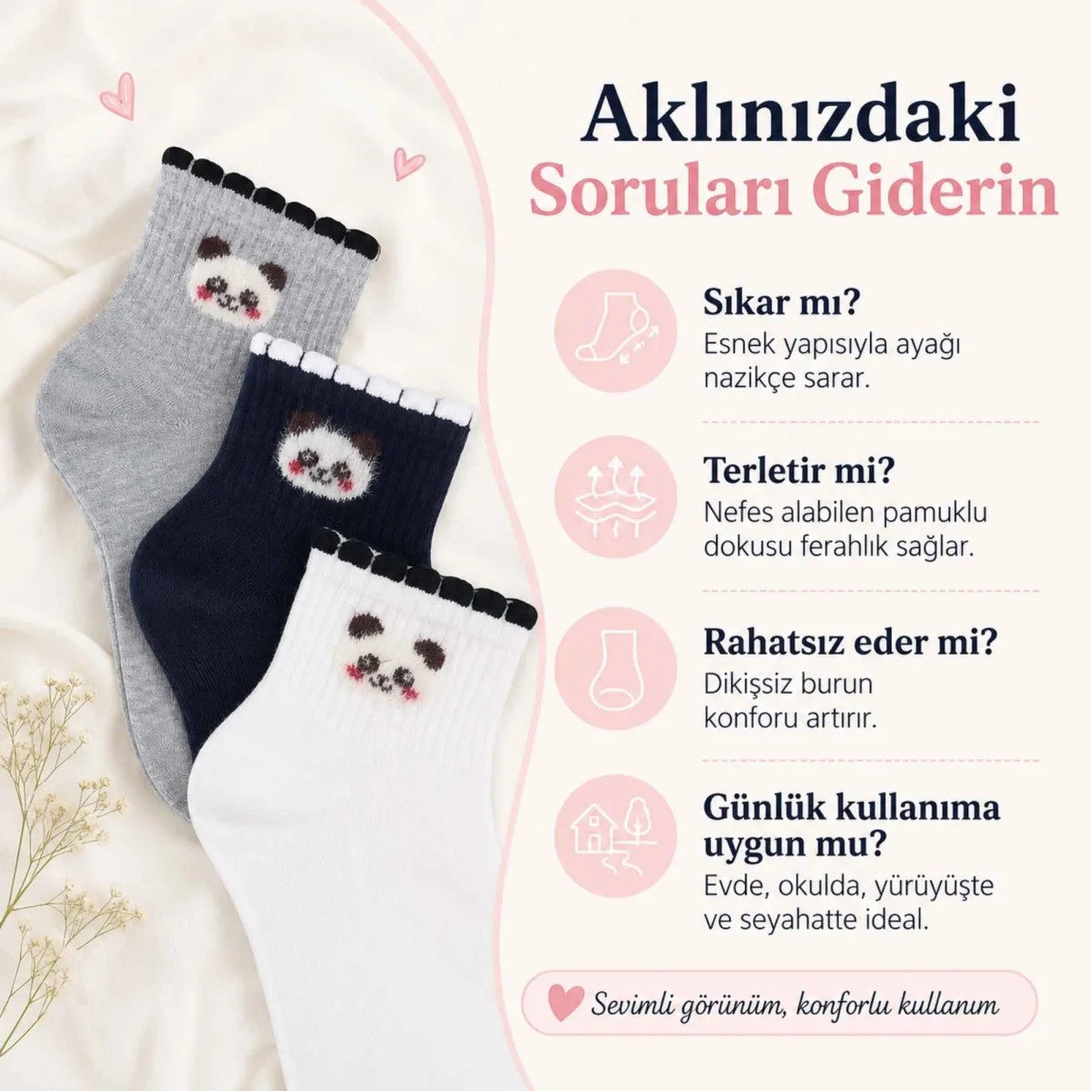 Kadın Panda Desenli Kısa Konç Çorap 12’li Paket, %80 Pamuklu Dikişsiz Burun, Nefes Alan Yumuşak Bilek Çorabı, Siyah Beyaz Gri