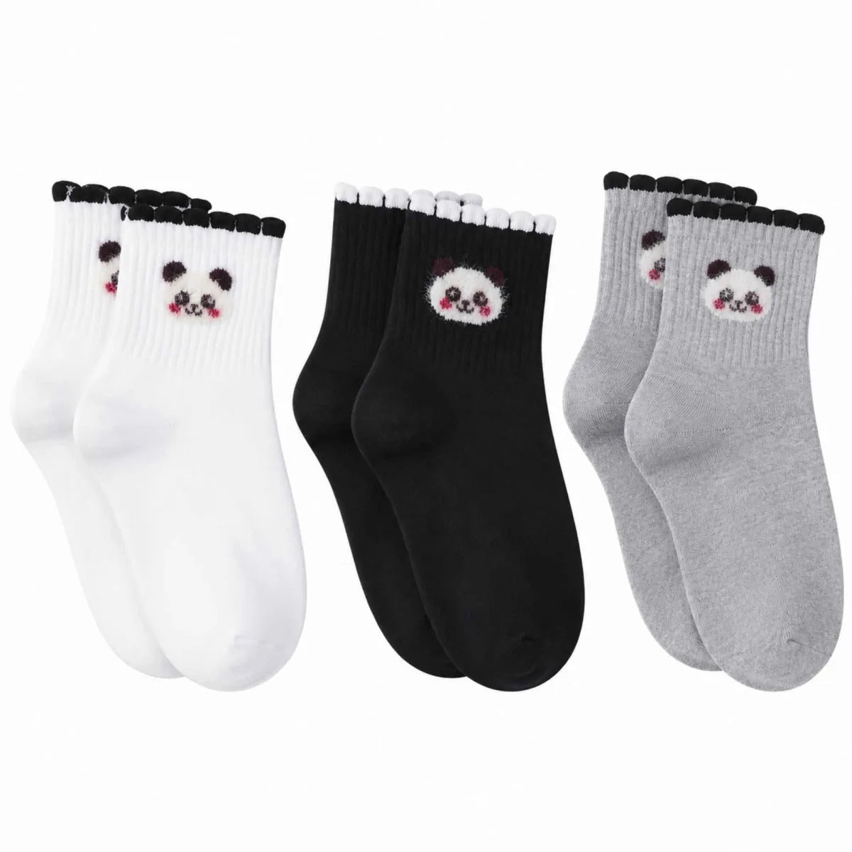 Kadın Panda Desenli Kısa Konç Çorap 3’lü Paket, %80 Pamuklu Dikişsiz Burun, Nefes Alan Yumuşak Bilek Çorabı, Siyah Beyaz Gri