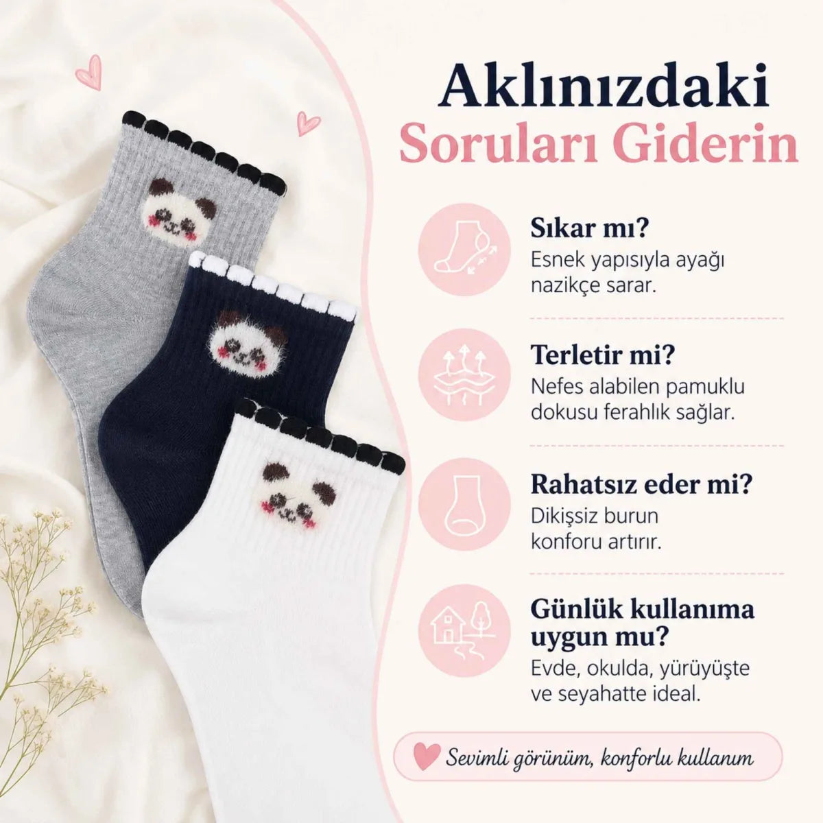 Kadın Panda Desenli Kısa Konç Çorap 6’lı Paket, %80 Pamuklu Dikişsiz Burun, Nefes Alan Yumuşak Bilek Çorabı, Siyah Beyaz Gri