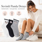 Kadın Panda Desenli Kısa Konç Çorap 6’lı Paket, %80 Pamuklu Dikişsiz Burun, Nefes Alan Yumuşak Bilek Çorabı, Siyah Beyaz Gri