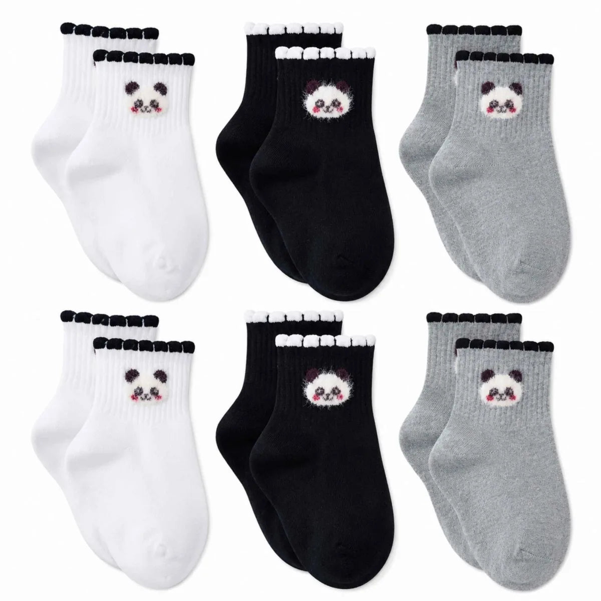 Kadın Panda Desenli Kısa Konç Çorap 6’lı Paket, %80 Pamuklu Dikişsiz Burun, Nefes Alan Yumuşak Bilek Çorabı, Siyah Beyaz Gri