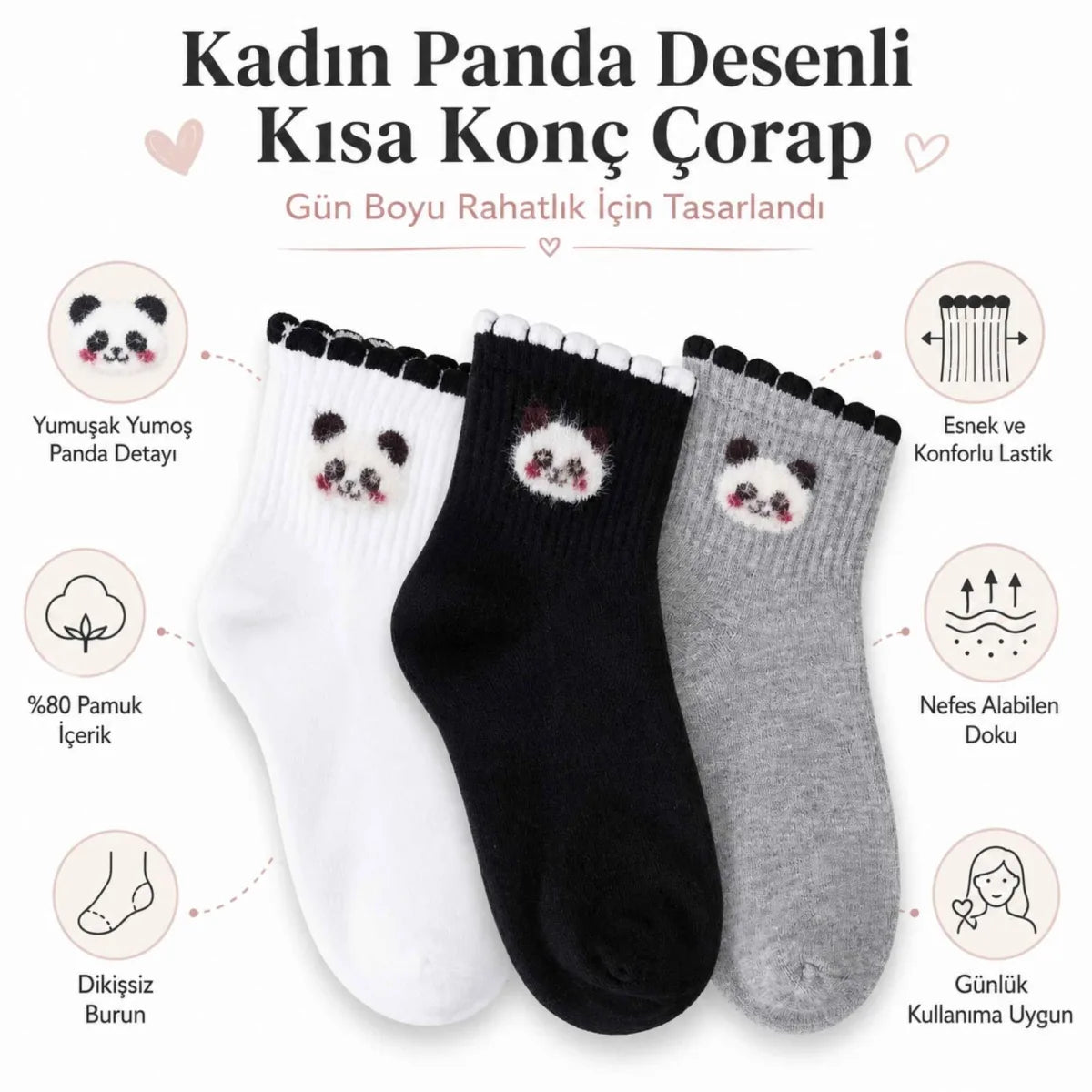 Kadın Panda Desenli Kısa Konç Çorap 6’lı Paket, %80 Pamuklu Dikişsiz Burun, Nefes Alan Yumuşak Bilek Çorabı, Siyah Beyaz Gri