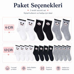 Kadın Panda Desenli Kısa Konç Çorap 6’lı Paket, %80 Pamuklu Dikişsiz Burun, Nefes Alan Yumuşak Bilek Çorabı, Siyah Beyaz Gri