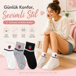 Kadın Çilek Desenli Kısa Konç Çorap 6’lı Paket, %80 Pamuklu Dikişsiz Burun, Nefes Alan Yumuşak Bilek Çorabı, Siyah Beyaz Gri