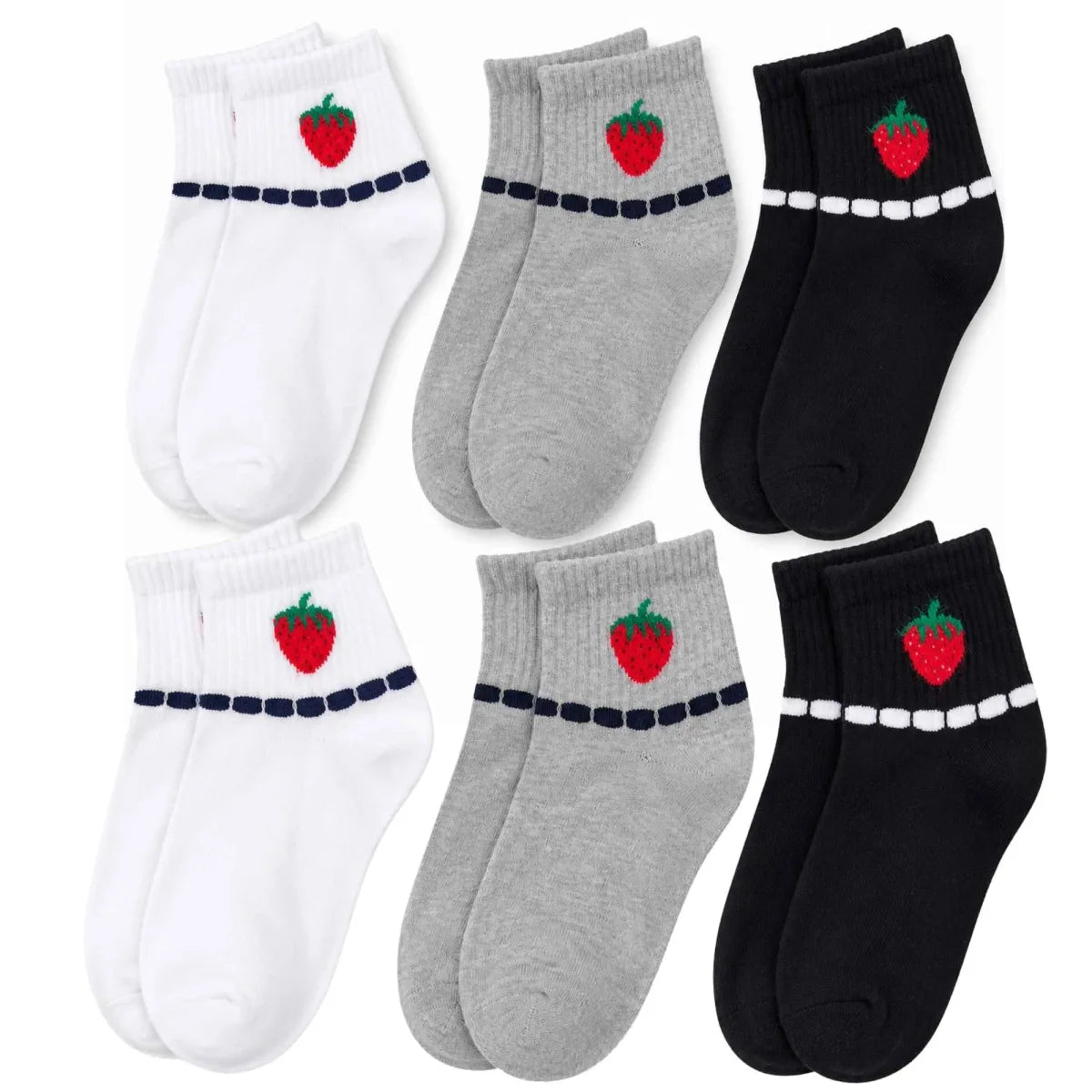 Kadın Çilek Desenli Kısa Konç Çorap 6’lı Paket, %80 Pamuklu Dikişsiz Burun, Nefes Alan Yumuşak Bilek Çorabı, Siyah Beyaz Gri