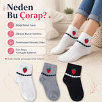 Kadın Çilek Desenli Kısa Konç Çorap 6’lı Paket, %80 Pamuklu Dikişsiz Burun, Nefes Alan Yumuşak Bilek Çorabı, Siyah Beyaz Gri