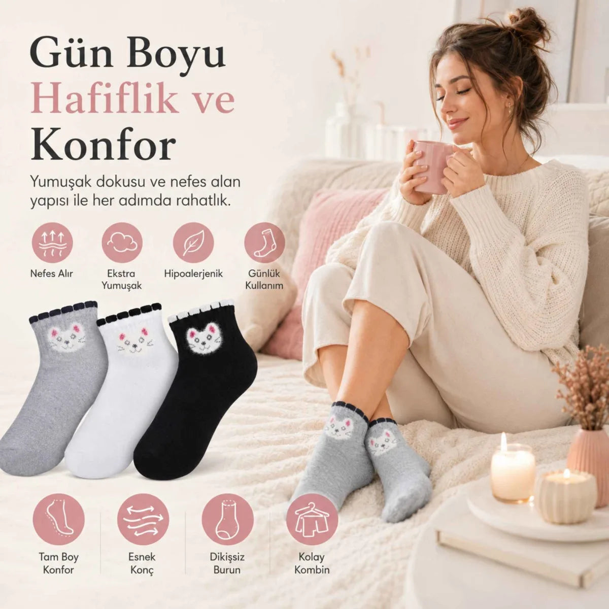 Kadın Kedi Desenli Kısa Konç Çorap 12’li Paket, %80 Pamuklu Dikişsiz Burun, Nefes Alan Yumuşak Bilek Çorabı, Gri Siyah Beyaz