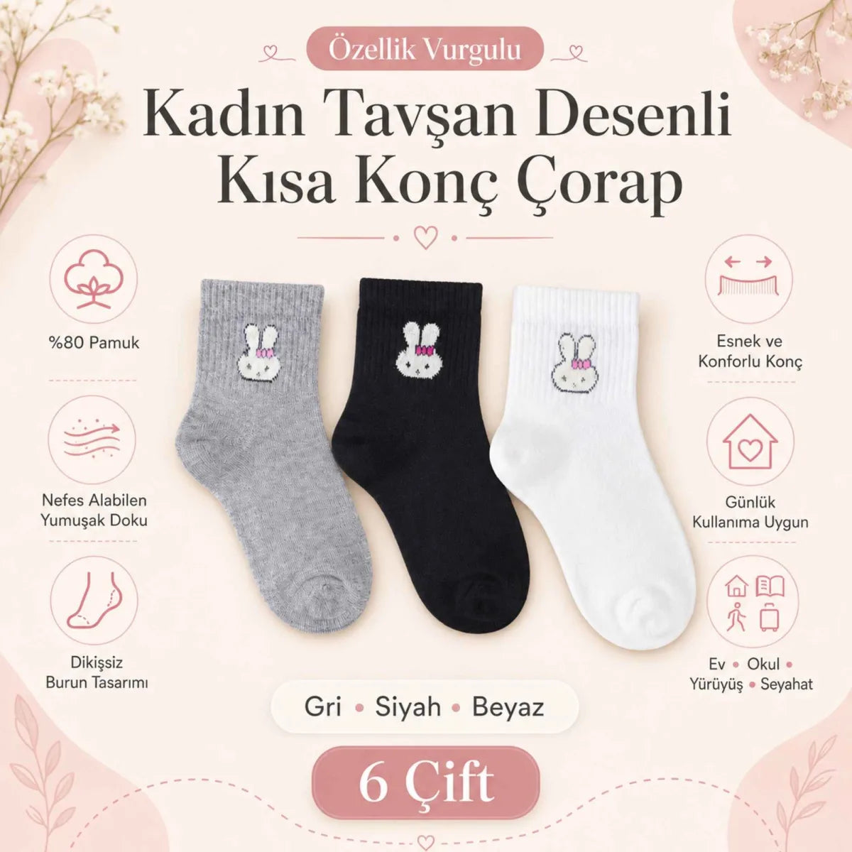 Kadın Tavşan Desenli Kısa Konç Çorap 12’li Paket, %80 Pamuklu Dikişsiz Burun, Nefes Alan Yumuşak Bilek Çorabı, Gri Siyah Beyaz