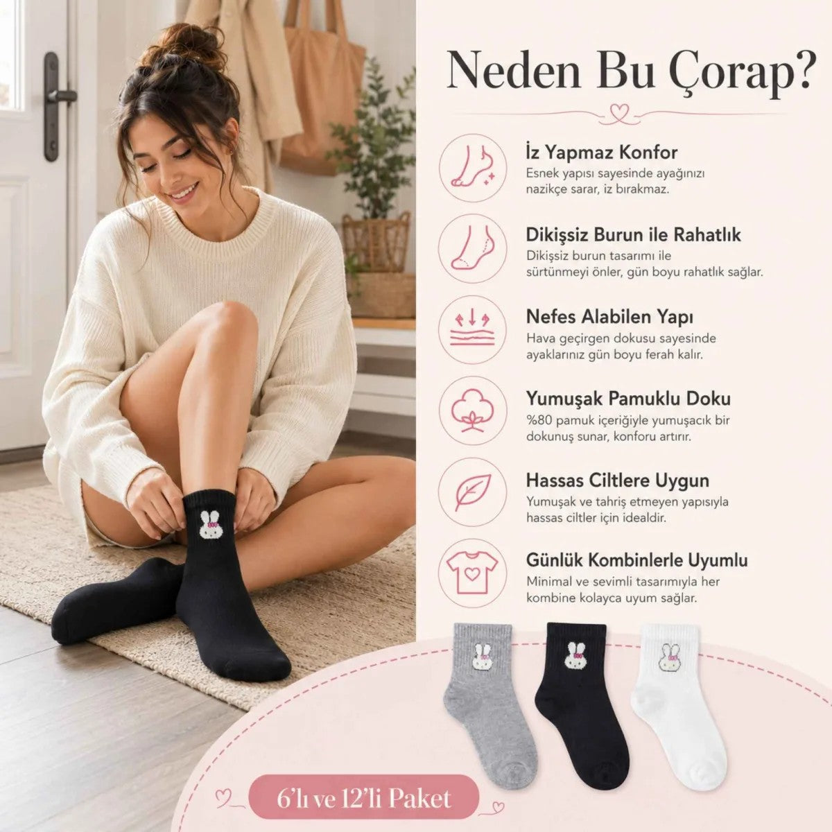 Kadın Tavşan Desenli Kısa Konç Çorap 3’lü Paket, %80 Pamuklu Dikişsiz Burun, Nefes Alan Yumuşak Bilek Çorabı, Gri Siyah Beyaz