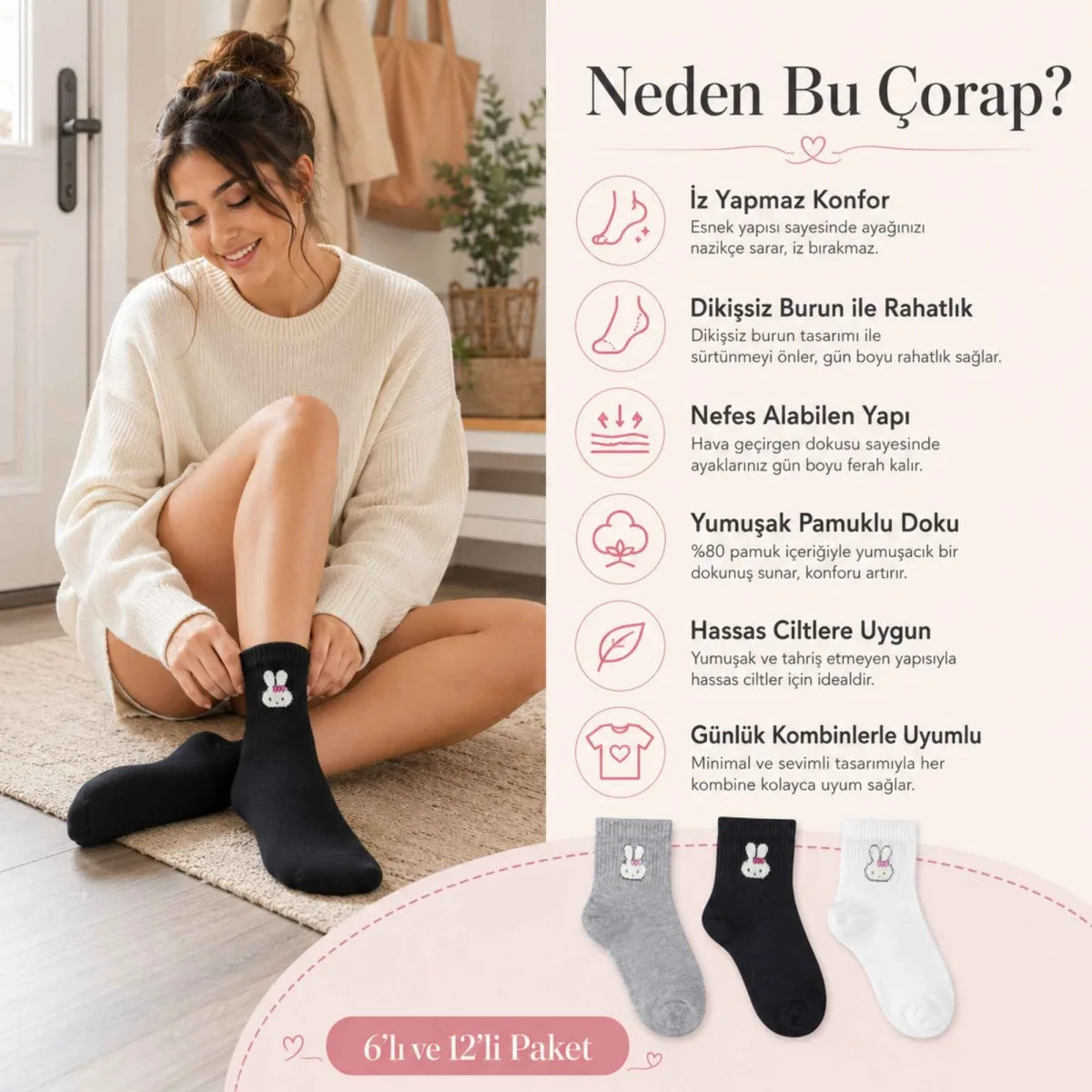 Kadın Tavşan Desenli Kısa Konç Çorap 3’lü Paket, %80 Pamuklu Dikişsiz Burun, Nefes Alan Yumuşak Bilek Çorabı, Gri Siyah Beyaz