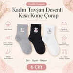 Kadın Tavşan Desenli Kısa Konç Çorap 3’lü Paket, %80 Pamuklu Dikişsiz Burun, Nefes Alan Yumuşak Bilek Çorabı, Gri Siyah Beyaz