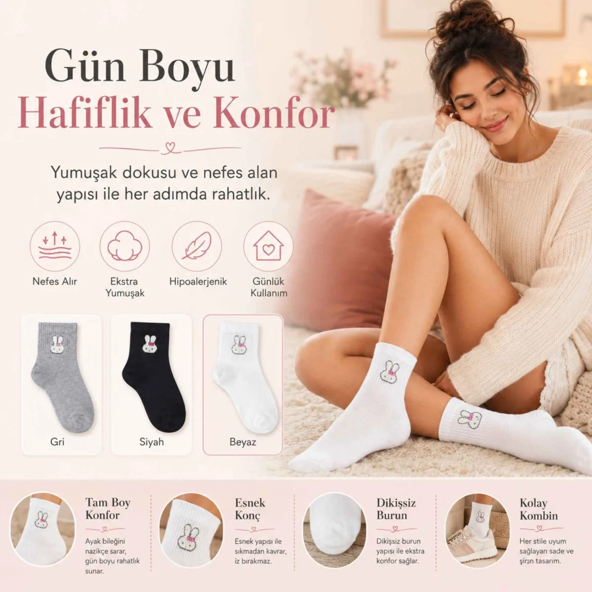 Kadın Tavşan Desenli Kısa Konç Çorap 6’lı Paket, %80 Pamuklu Dikişsiz Burun, Nefes Alan Yumuşak Bilek Çorabı, Gri Siyah Beyaz