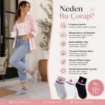 Kadın Çiçek Desenli Kısa Konç Çorap 12’li Paket, %80 Pamuklu Dikişsiz Burun, Nefes Alan Yumuşak Bilek Çorabı, Gri Siyah Beyaz