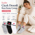 Kadın Çiçek Desenli Kısa Konç Çorap 6’lı Paket, %80 Pamuklu Dikişsiz Burun, Nefes Alan Yumuşak Bilek Çorabı, Gri Siyah Beyaz