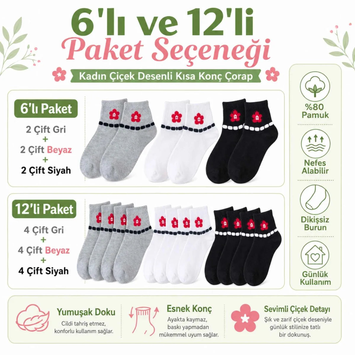 Kadın Çiçek Desenli Kısa Konç Çorap 6’lı Paket, %80 Pamuklu Dikişsiz Burun, Nefes Alan Yumuşak Bilek Çorabı, Gri Siyah Beyaz