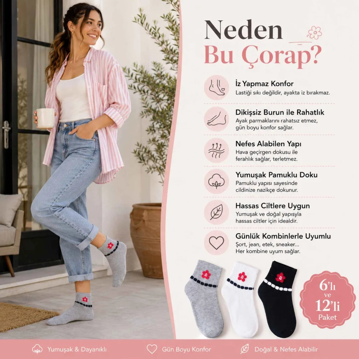 Kadın Çiçek Desenli Kısa Konç Çorap 6’lı Paket, %80 Pamuklu Dikişsiz Burun, Nefes Alan Yumuşak Bilek Çorabı, Gri Siyah Beyaz
