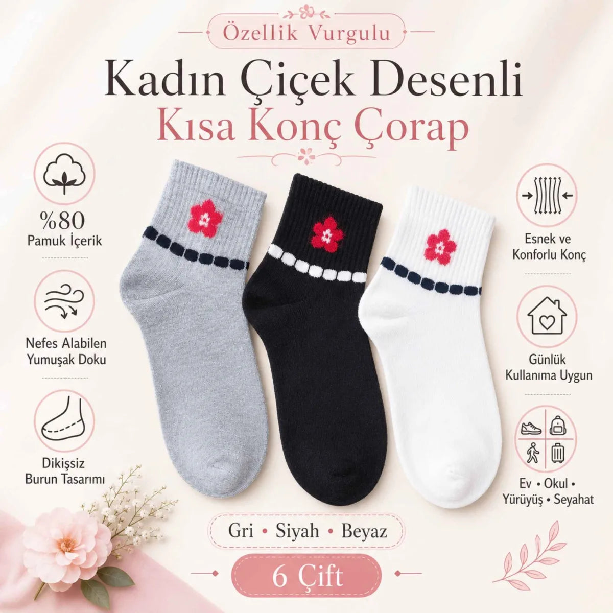Kadın Çiçek Desenli Kısa Konç Çorap 6’lı Paket, %80 Pamuklu Dikişsiz Burun, Nefes Alan Yumuşak Bilek Çorabı, Gri Siyah Beyaz