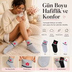 Kadın Çiçek Desenli Kısa Konç Çorap 6’lı Paket, %80 Pamuklu Dikişsiz Burun, Nefes Alan Yumuşak Bilek Çorabı, Gri Siyah Beyaz