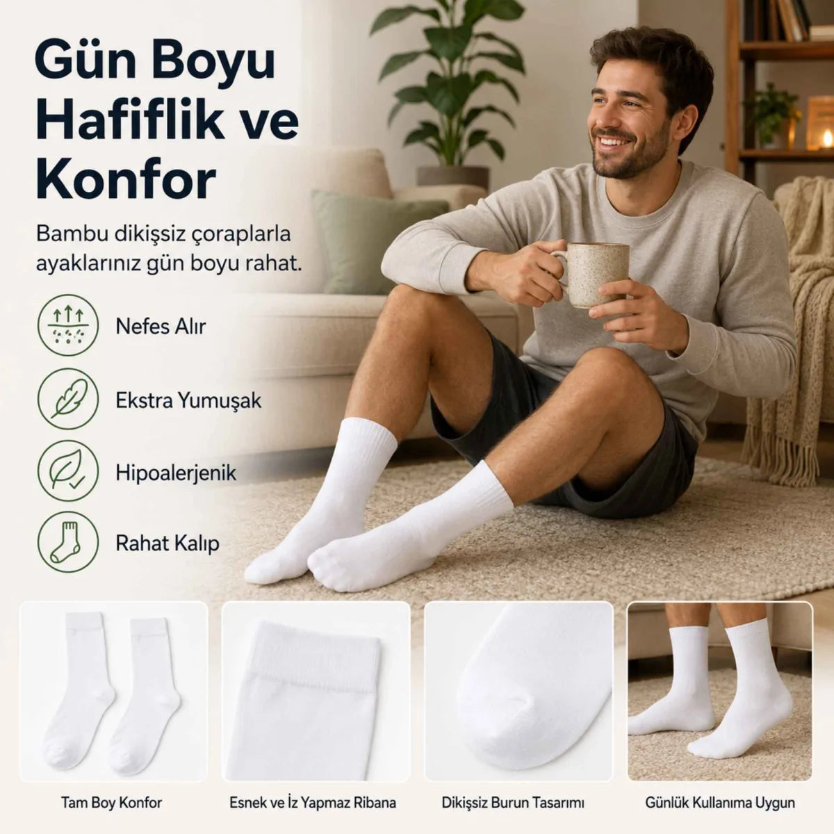 Erkek Bambu Soket Çorap 12’li Paket, Dikişsiz Parfümlü Nefes Alan Yumuşak Nem Emici Günlük Uzun Çorap