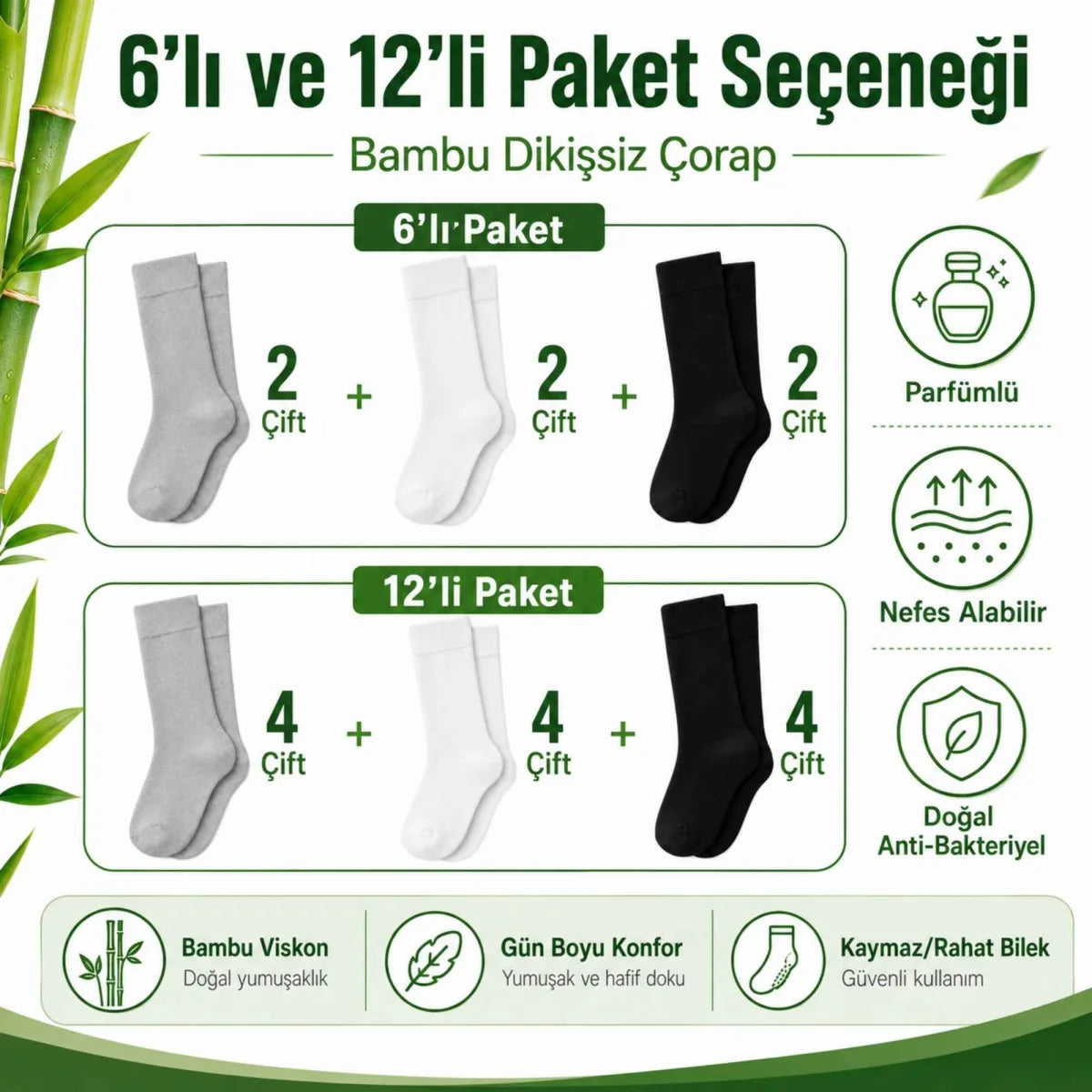 Erkek Bambu Soket Çorap 12’li Paket, Dikişsiz Parfümlü Nefes Alan Yumuşak Nem Emici Günlük Uzun Çorap