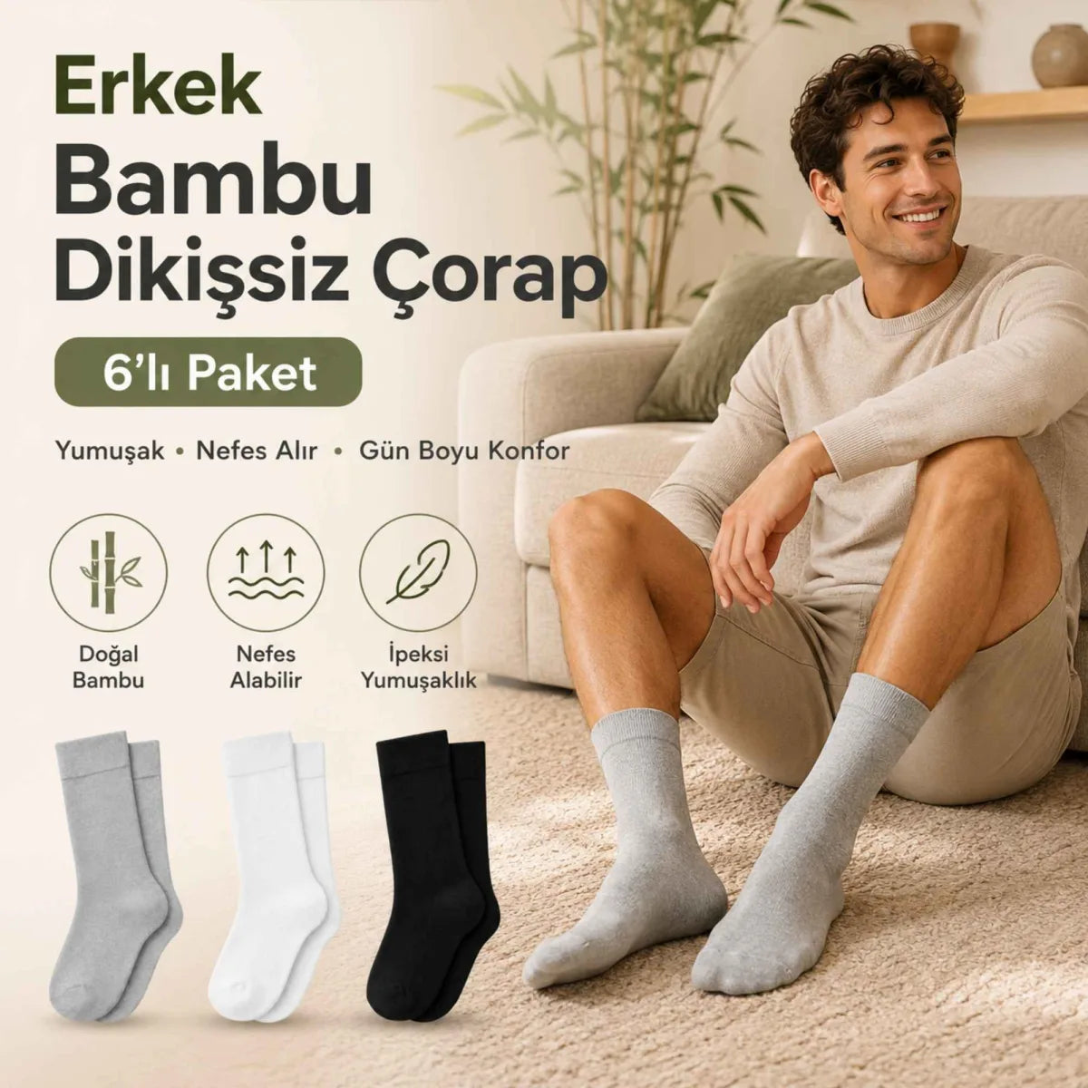 Erkek Bambu Soket Çorap 12’li Paket, Dikişsiz Parfümlü Nefes Alan Yumuşak Nem Emici Günlük Uzun Çorap