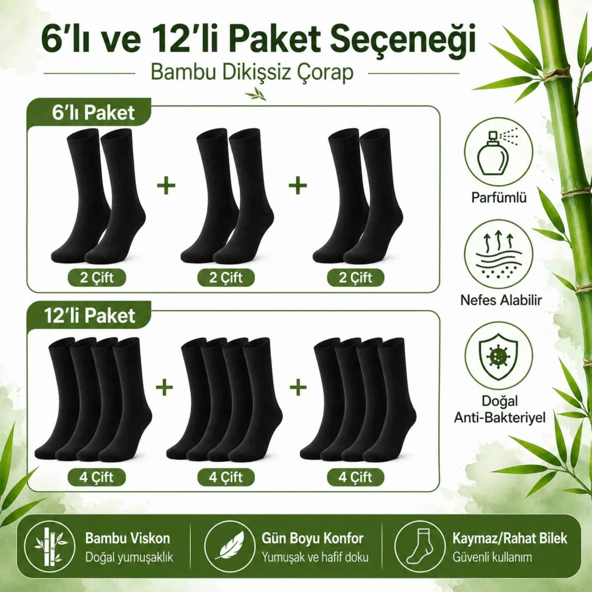 Erkek Bambu Soket Çorap 12’li Paket, Dikişsiz Parfümlü Nefes Alan Yumuşak Nem Emici Günlük Uzun Çorap