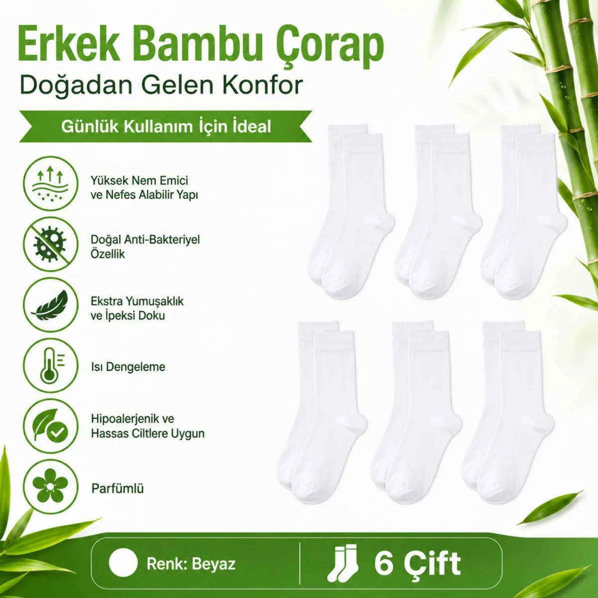 Erkek Bambu Soket Çorap 6’lı Paket, Dikişsiz Parfümlü Nefes Alan Yumuşak Nem Emici Günlük Uzun Çorap