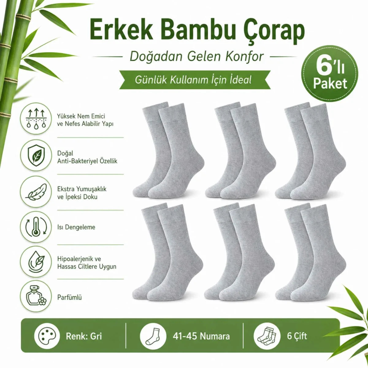 Erkek Bambu Soket Çorap 6’lı Paket, Dikişsiz Parfümlü Nefes Alan Yumuşak Nem Emici Günlük Uzun Çorap