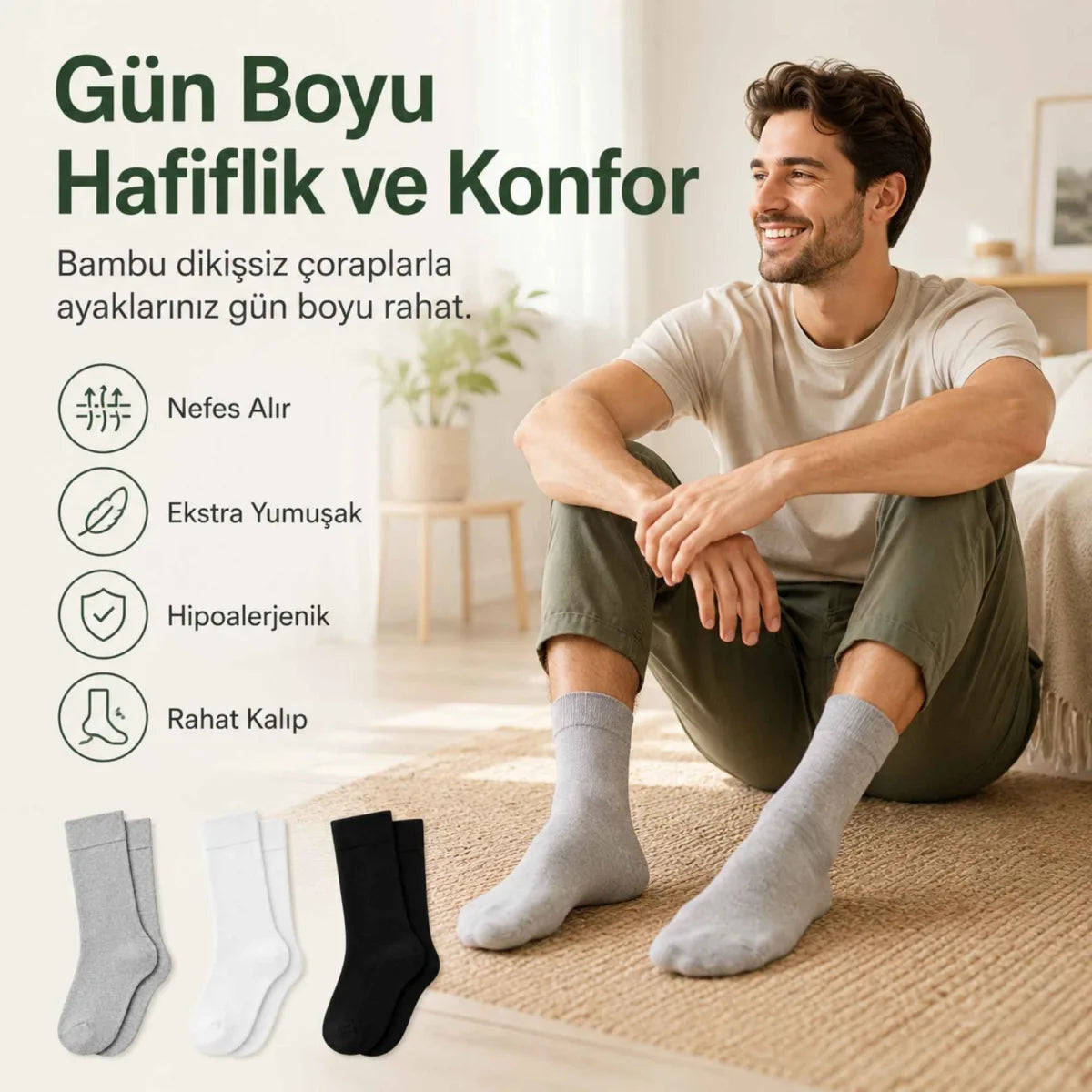 Erkek Bambu Soket Çorap 6’lı Paket, Dikişsiz Parfümlü Nefes Alan Yumuşak Nem Emici Günlük Uzun Çorap