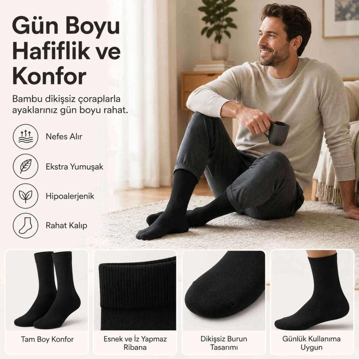 Erkek Bambu Soket Çorap 6’lı Paket, Dikişsiz Parfümlü Nefes Alan Yumuşak Nem Emici Günlük Uzun Çorap
