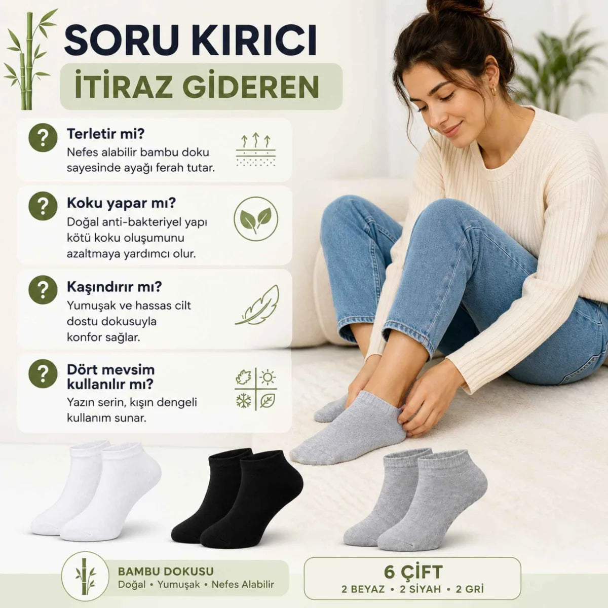 Kadın Bambu Patik Çorap 12’li Paket, Siyah Beyaz Gri, Nefes Alan Nem Emici Yumuşak Günlük Spor Bilek Çorabı
