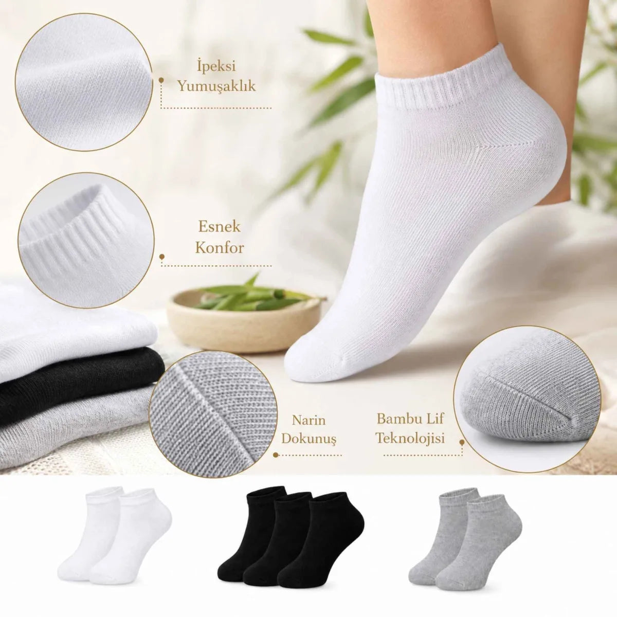 Kadın Bambu Patik Çorap 12’li Paket, Siyah Beyaz Gri, Nefes Alan Nem Emici Yumuşak Günlük Spor Bilek Çorabı