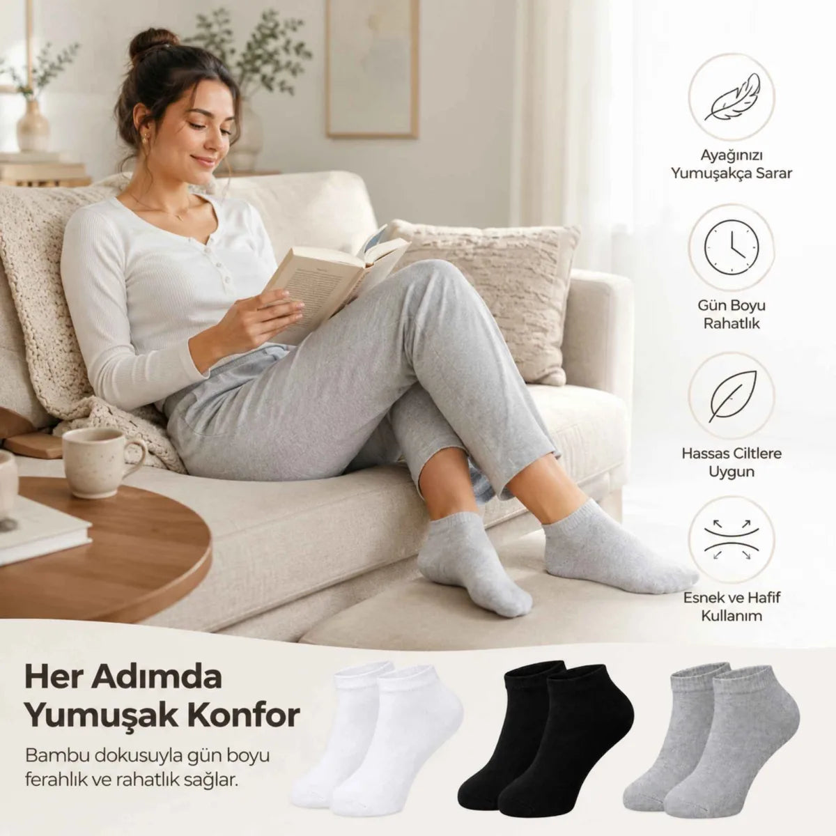 Kadın Bambu Patik Çorap 12’li Paket, Siyah Beyaz Gri, Nefes Alan Nem Emici Yumuşak Günlük Spor Bilek Çorabı