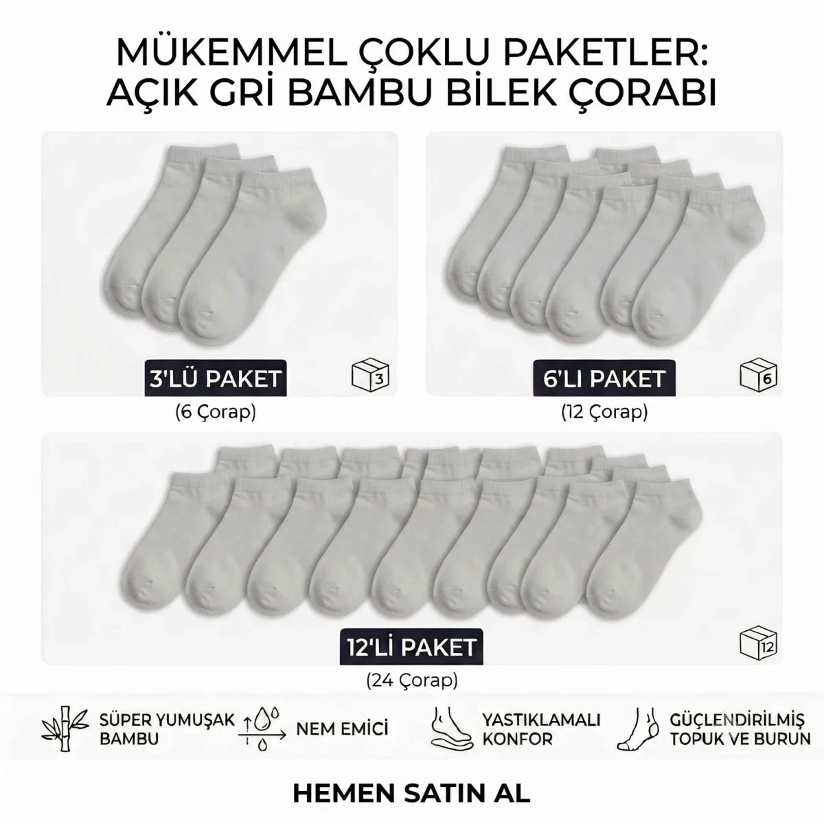 Kadın Bambu Patik Çorap 12’li Paket, Siyah Beyaz Gri, Nefes Alan Nem Emici Yumuşak Günlük Spor Bilek Çorabı