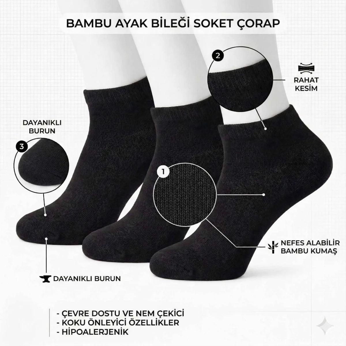 Kadın Bambu Patik Çorap 6’lı Paket, Siyah Beyaz Gri, Nefes Alan Nem Emici Yumuşak Günlük Spor Bilek Çorabı