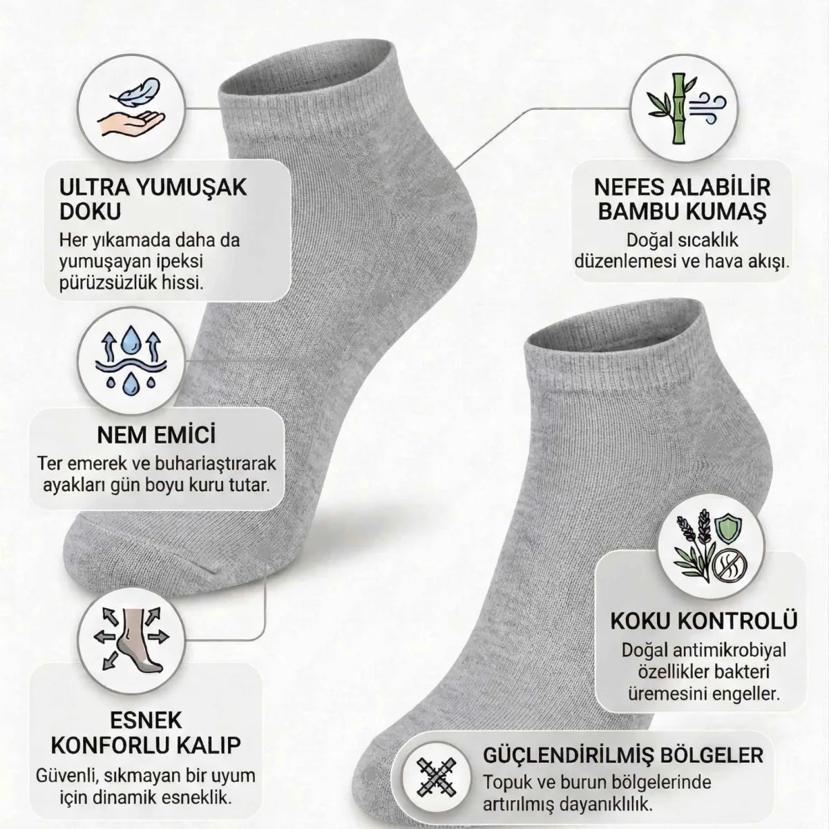 Kadın Bambu Patik Çorap 6’lı Paket, Siyah Beyaz Gri, Nefes Alan Nem Emici Yumuşak Günlük Spor Bilek Çorabı