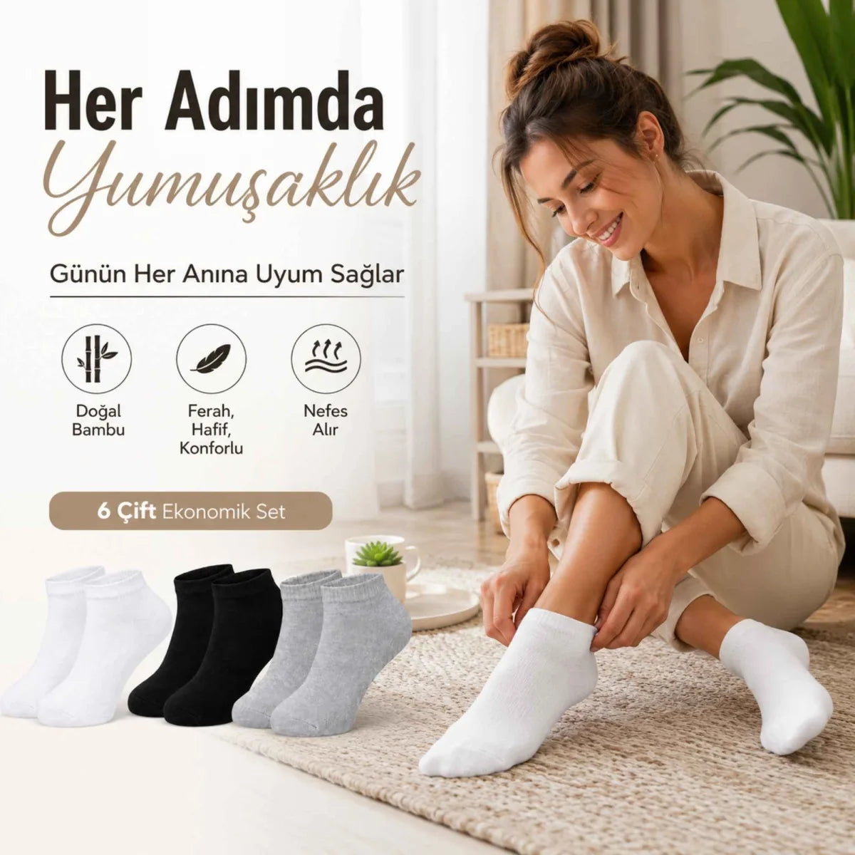 Kadın Bambu Patik Çorap 6’lı Paket, Siyah Beyaz Gri, Nefes Alan Nem Emici Yumuşak Günlük Spor Bilek Çorabı