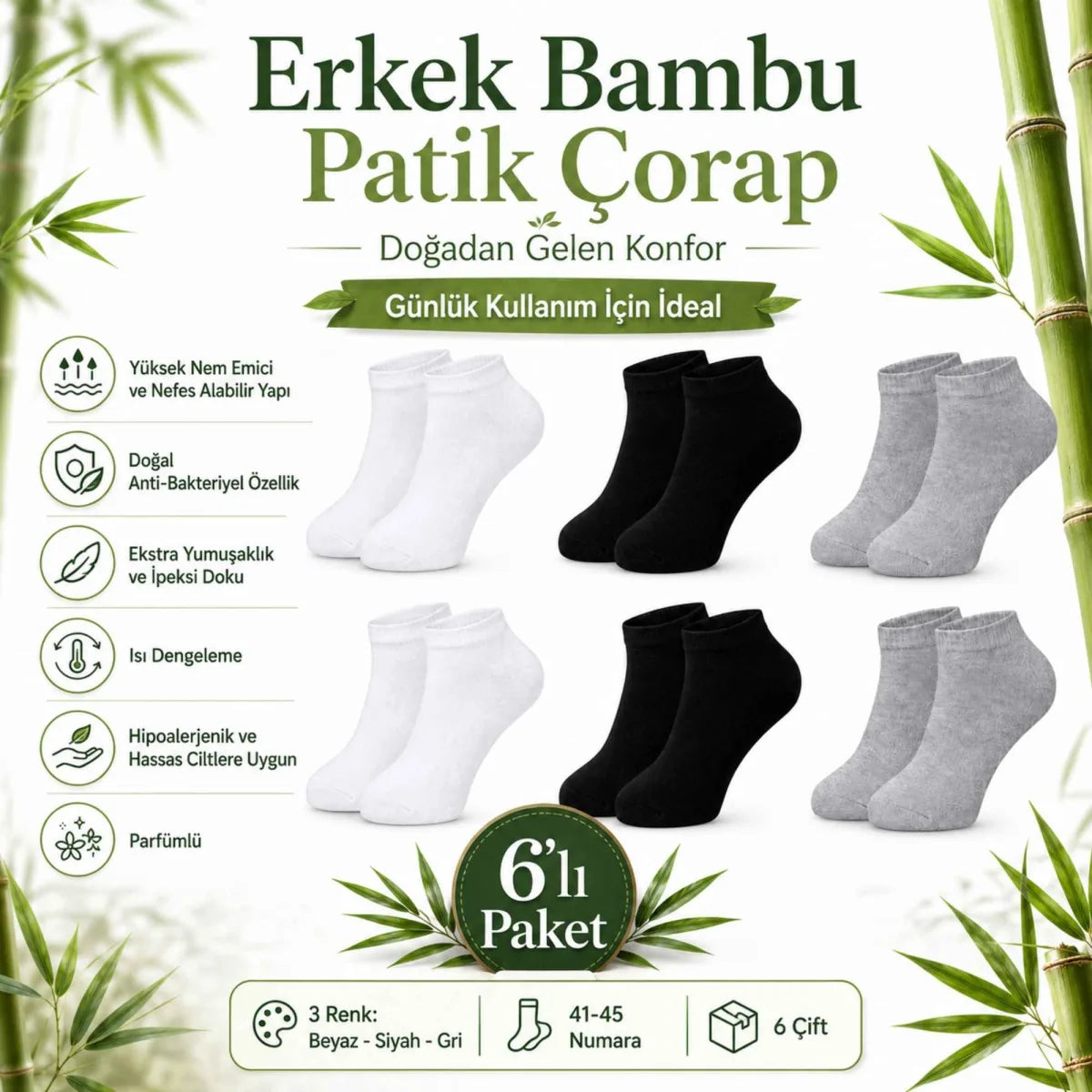 Erkek Bambu Patik Çorap 12’li Paket, Siyah Beyaz Gri, Nefes Alan Nem Emici Yumuşak Günlük Spor Bilek Çorabı