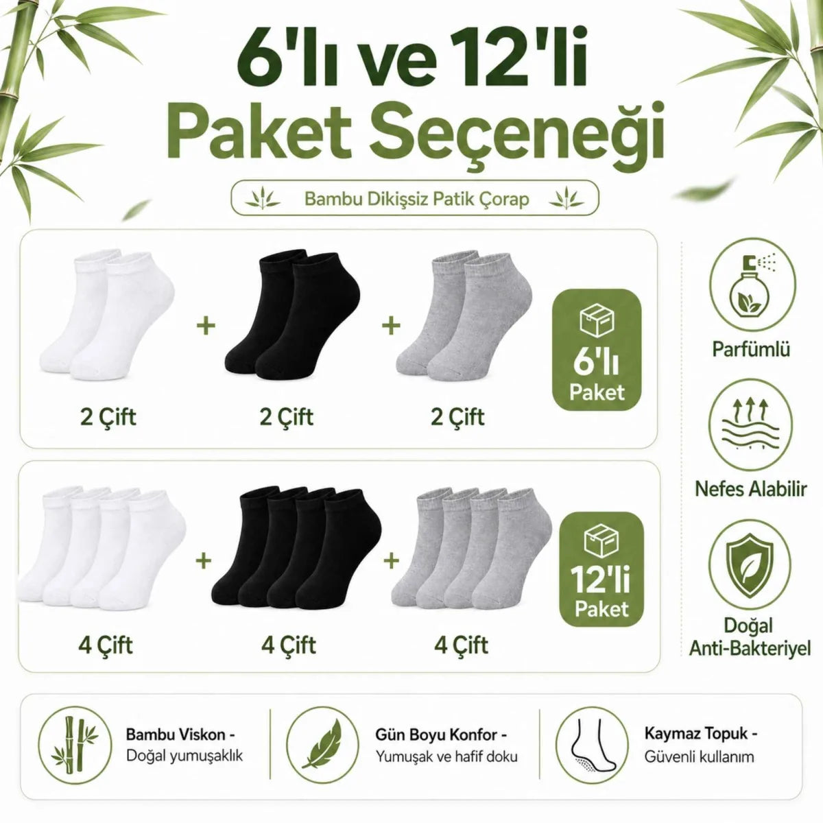 Erkek Bambu Patik Çorap 12’li Paket, Siyah Beyaz Gri, Nefes Alan Nem Emici Yumuşak Günlük Spor Bilek Çorabı